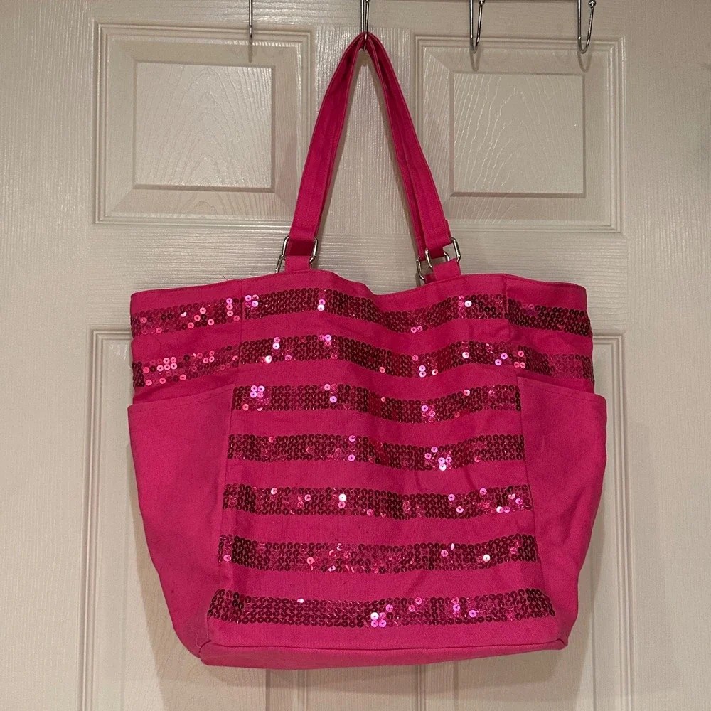 Victorias Secret Pink Sequin Stripe Canvas Tote Bag Shoulder Travel Beach Pink